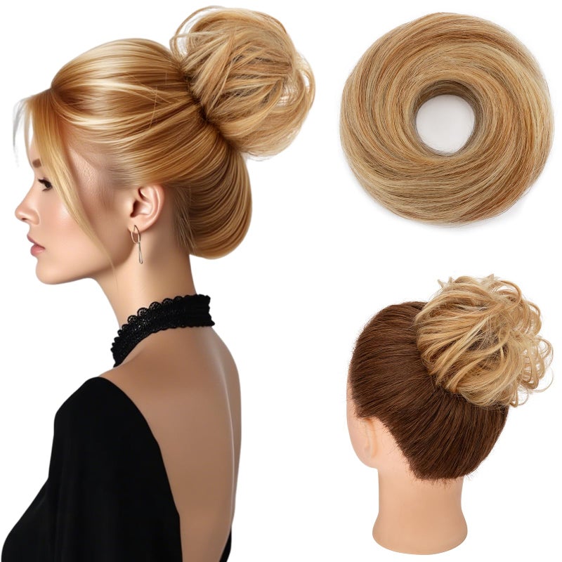 Hairro Messy Hair Bun Hair Piece For Women Human Hair Scrunchies Real Hair Updo Hairpieces Wrap On Instant Updo with Elastic Rubber Band 1PC 23g 12P613 Golden Brown Mix Bleach Blonde
